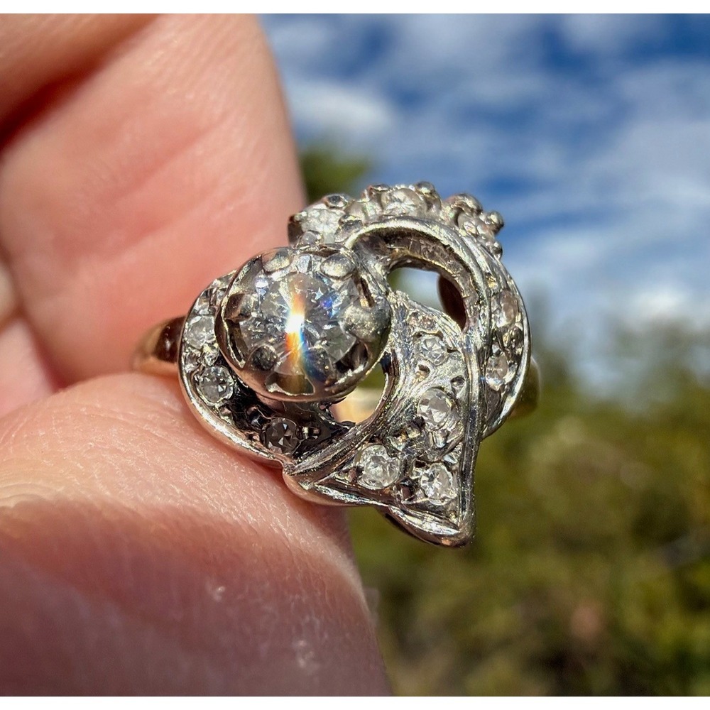 Vintage 14k Solid Gold Open Heart Natural Earth Mined Diamond Ring - Size 5.25